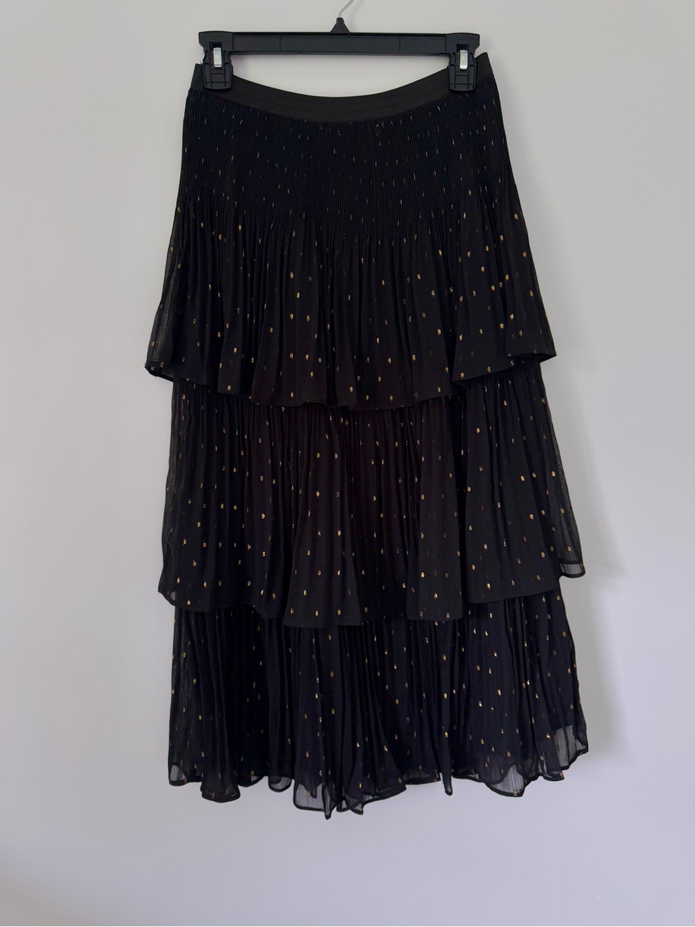Chelsea & Violet Black Tiered Maxi Skirt with Gold Dot Detail